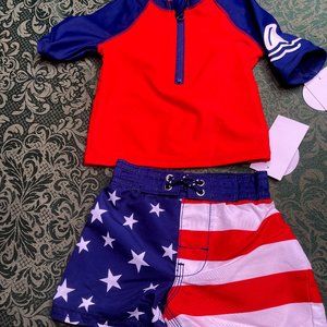 NWT 3m Oshkosh july 4th bathing suit American flag trunks shirt rash guard star